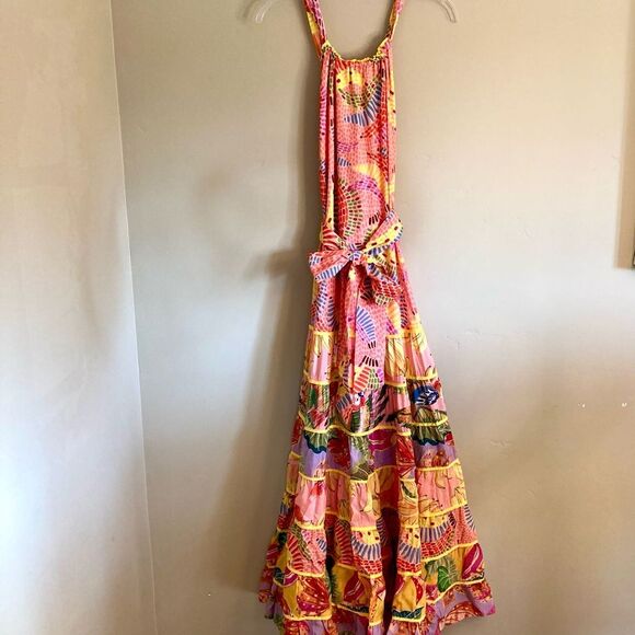 NEW FARM Rio Mixed Pink Prints Maxi Dress Fruit Tiered Crossback Belt Size L - Picture 8 of 16